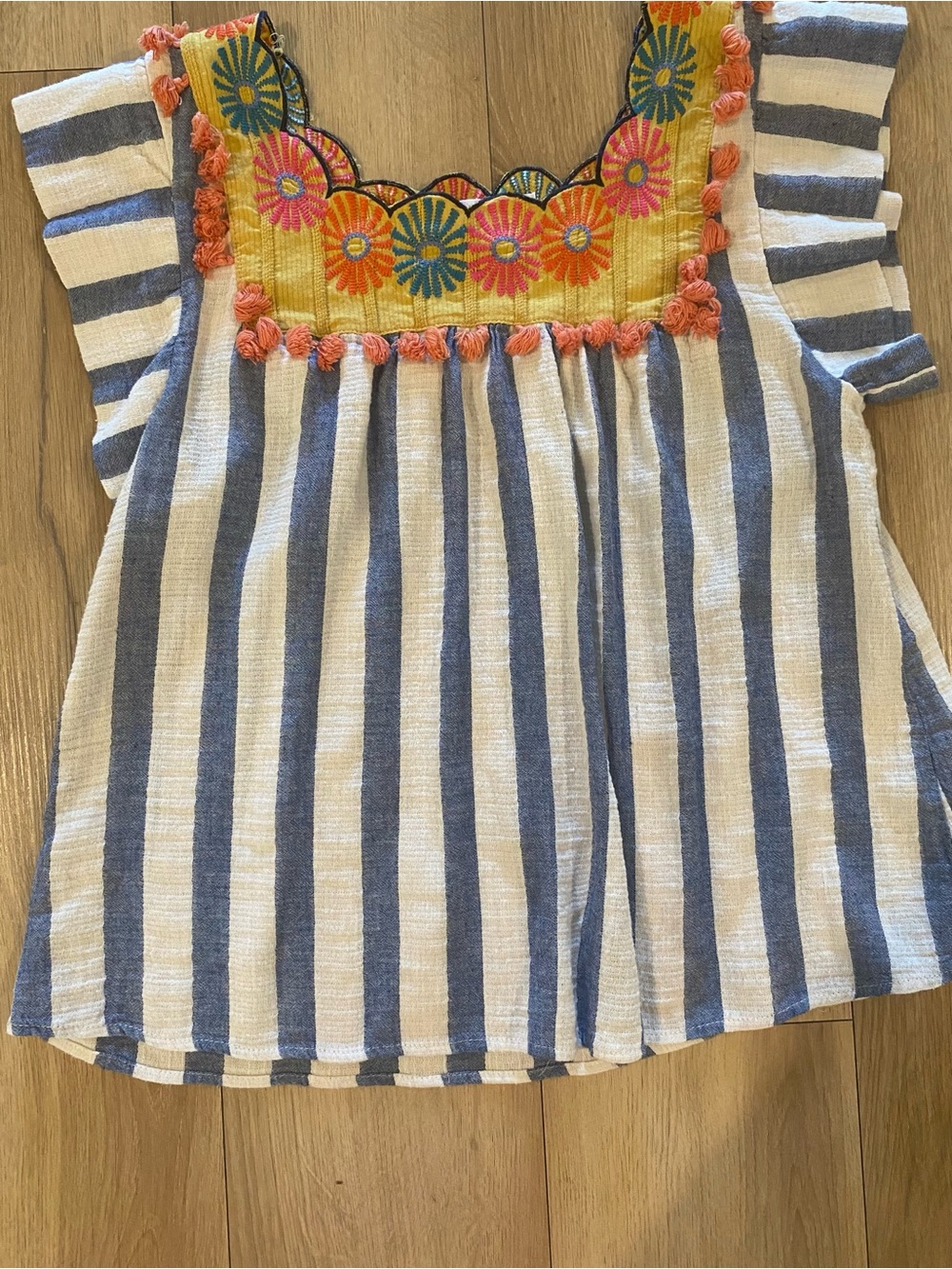 THML Medium Blue & White Striped Embroidered Pom-Pom Blouse